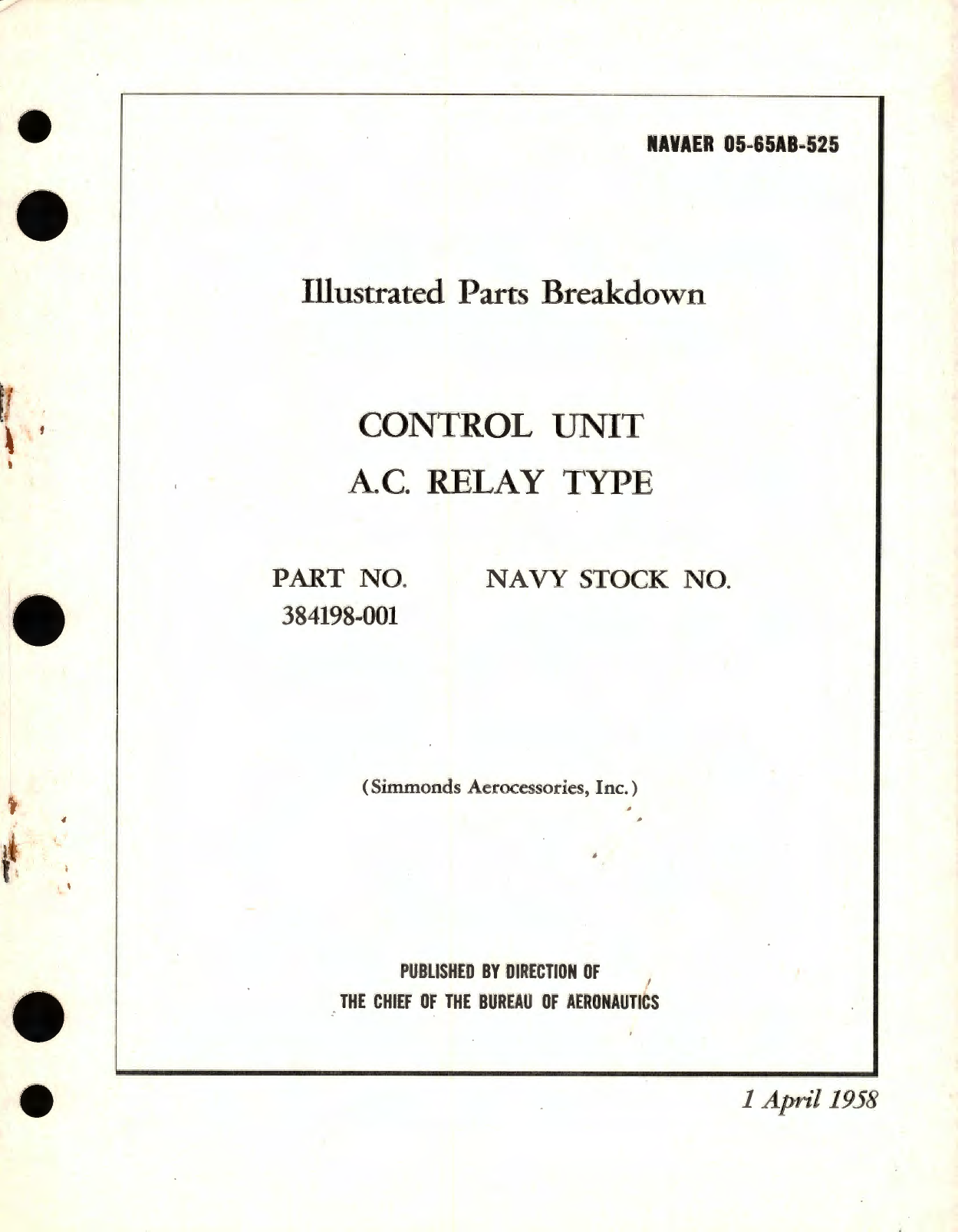 Sample page 1 from AirCorps Library document: Illustrated Parts Breakdown for Control Unit A.C. Relay Type Part No. 384198-001