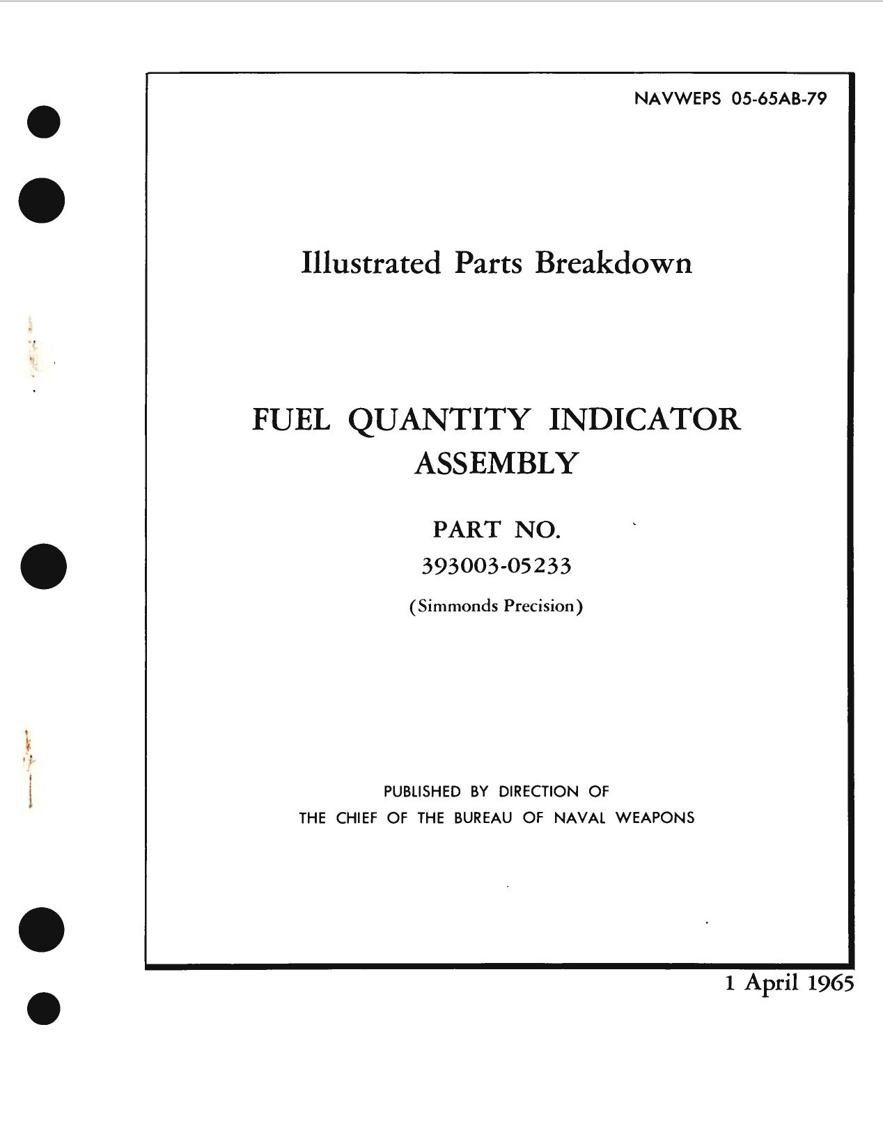 Sample page 1 from AirCorps Library document: Illustrated Parts Breakdown for Fuel Quantity Indicator Assembly, Part No. 393003-05233