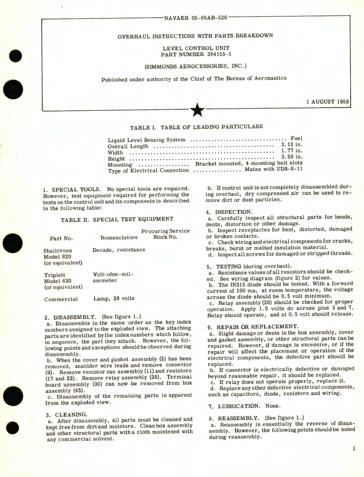 Sample page 1 from AirCorps Library document: Overhaul Instructions with Parts Breakdown for Level Control Unit Part No. 384155-1 