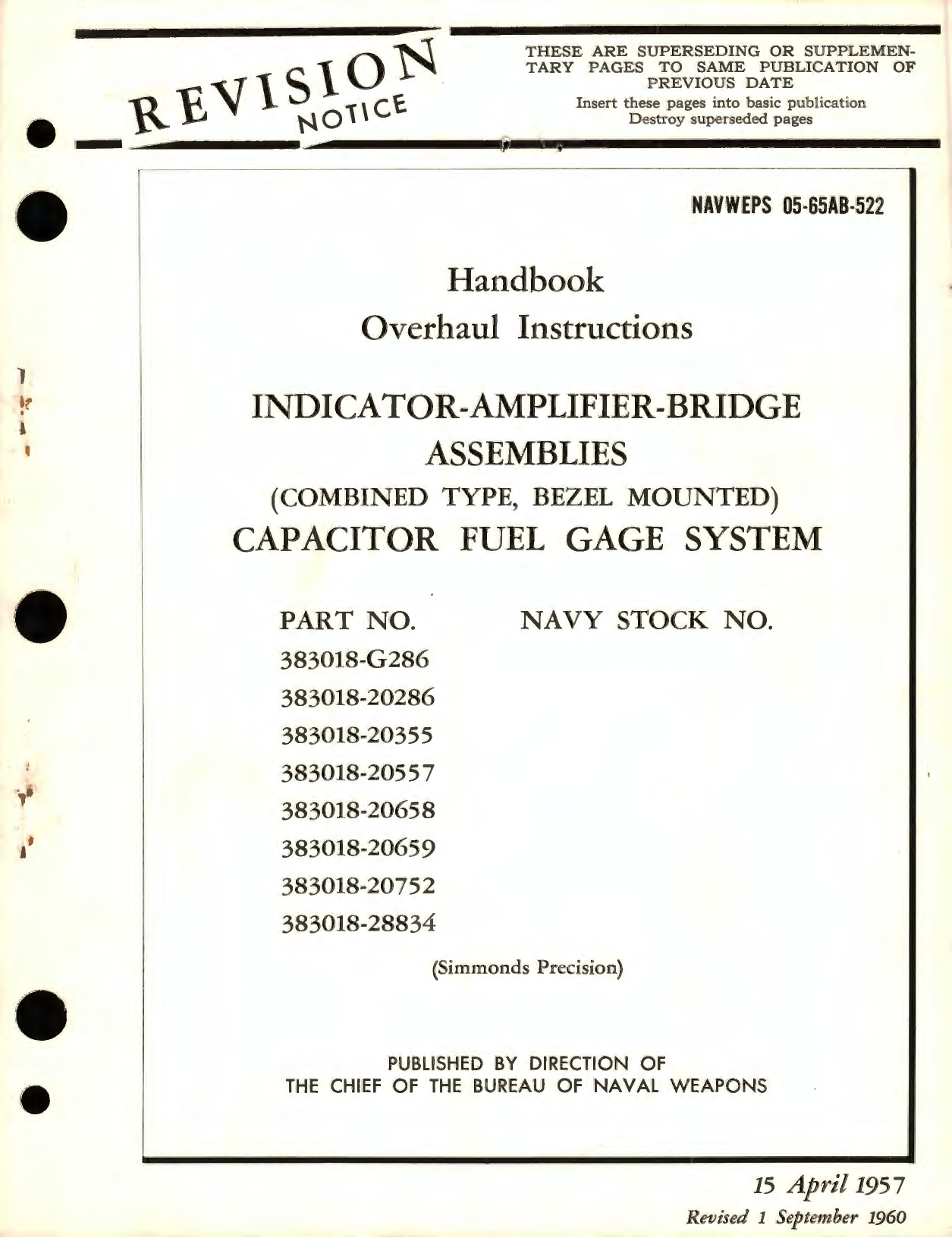 Sample page 1 from AirCorps Library document: Overhaul Instructions for Indicator - Amplifier - Bridge Assemblies (Combined Type, Bezel Mounted) Capacitor Fuel Gage System Part No. 383018