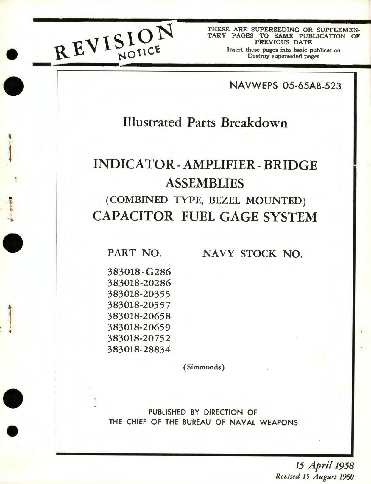 Sample page 1 from AirCorps Library document: Illustrated Parts Breakdown for Indicator - Amplifier - Bridge Assemblies (Combined Type, Bezel Mounted), Capacitor Fuel Gage System, Part No. 383018