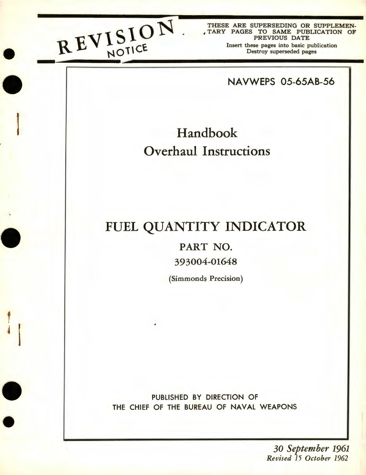 Sample page 1 from AirCorps Library document: Overhaul Instructions for Fuel Quantity Indicator Part No. 393004-01648 