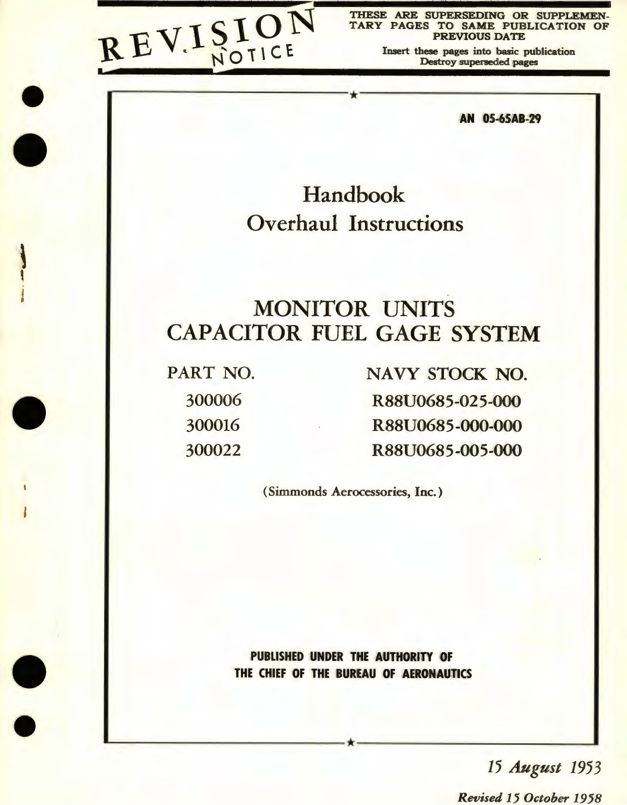 Sample page 1 from AirCorps Library document: Handbook Overhaul Instructions  Monitor Units Capacitor Fuel Gage System, Part No. 300006, 300016, 300022