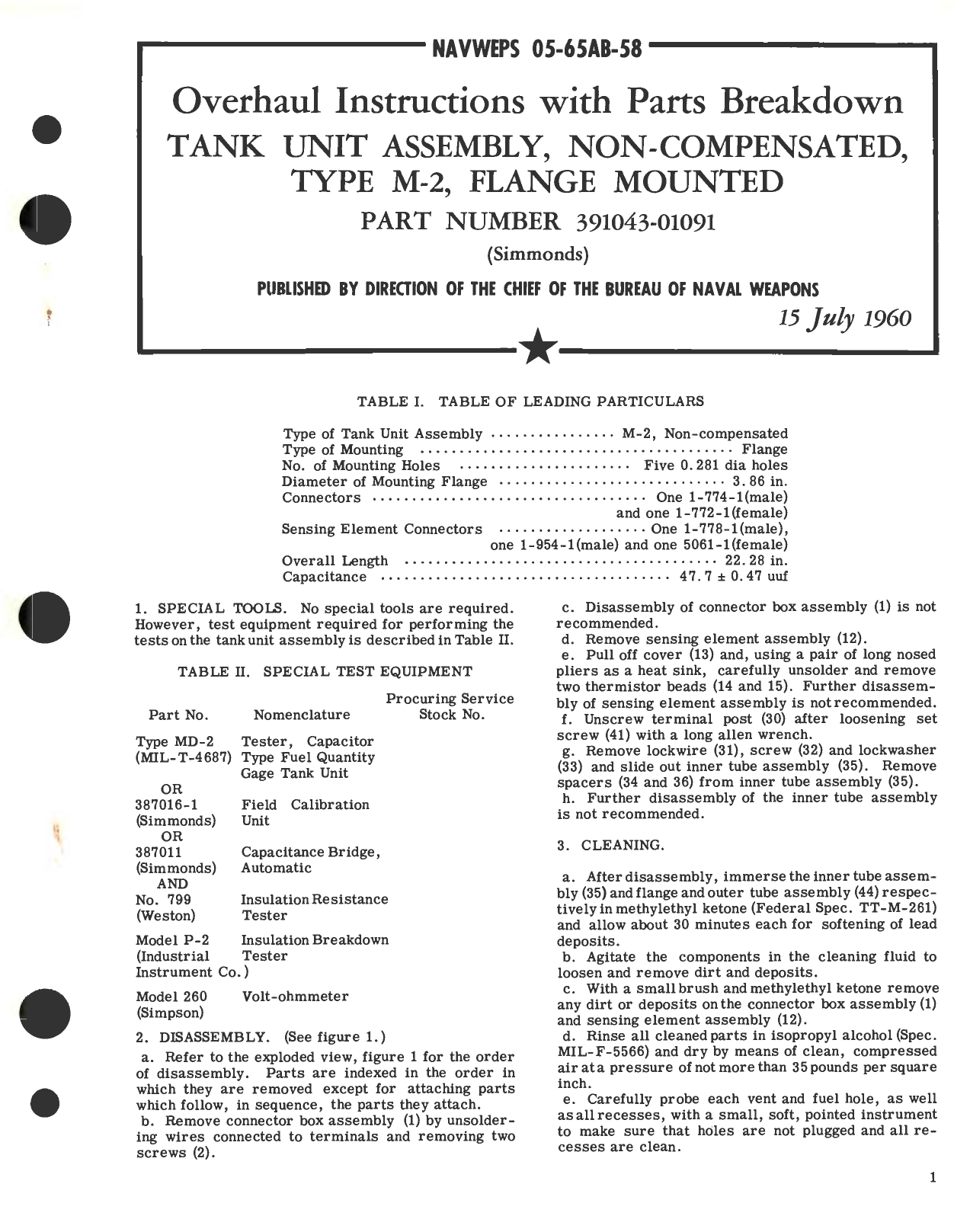 Sample page 1 from AirCorps Library document: Overhaul Instructions with Part Breakdown for Tank Unit Assembly, Non-Compensated, Type M-2, Flange Mounted Part No. 391043-01091 