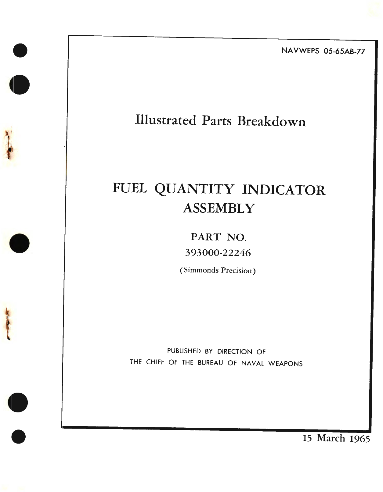 Sample page 1 from AirCorps Library document: Illustrated Parts Breakdown for Fuel Quantity Indicator Assembly, Part No. 393000-22246 