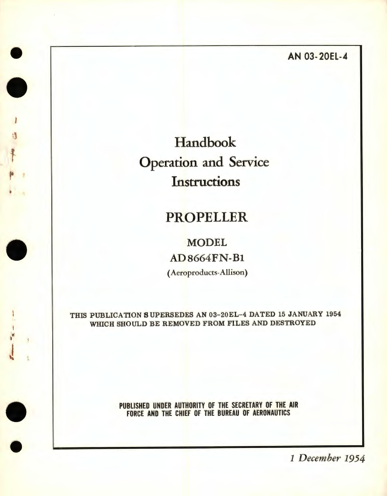 Sample page 1 from AirCorps Library document: Operation and Service Instructions for Propeller Model AD8664FN-B1 