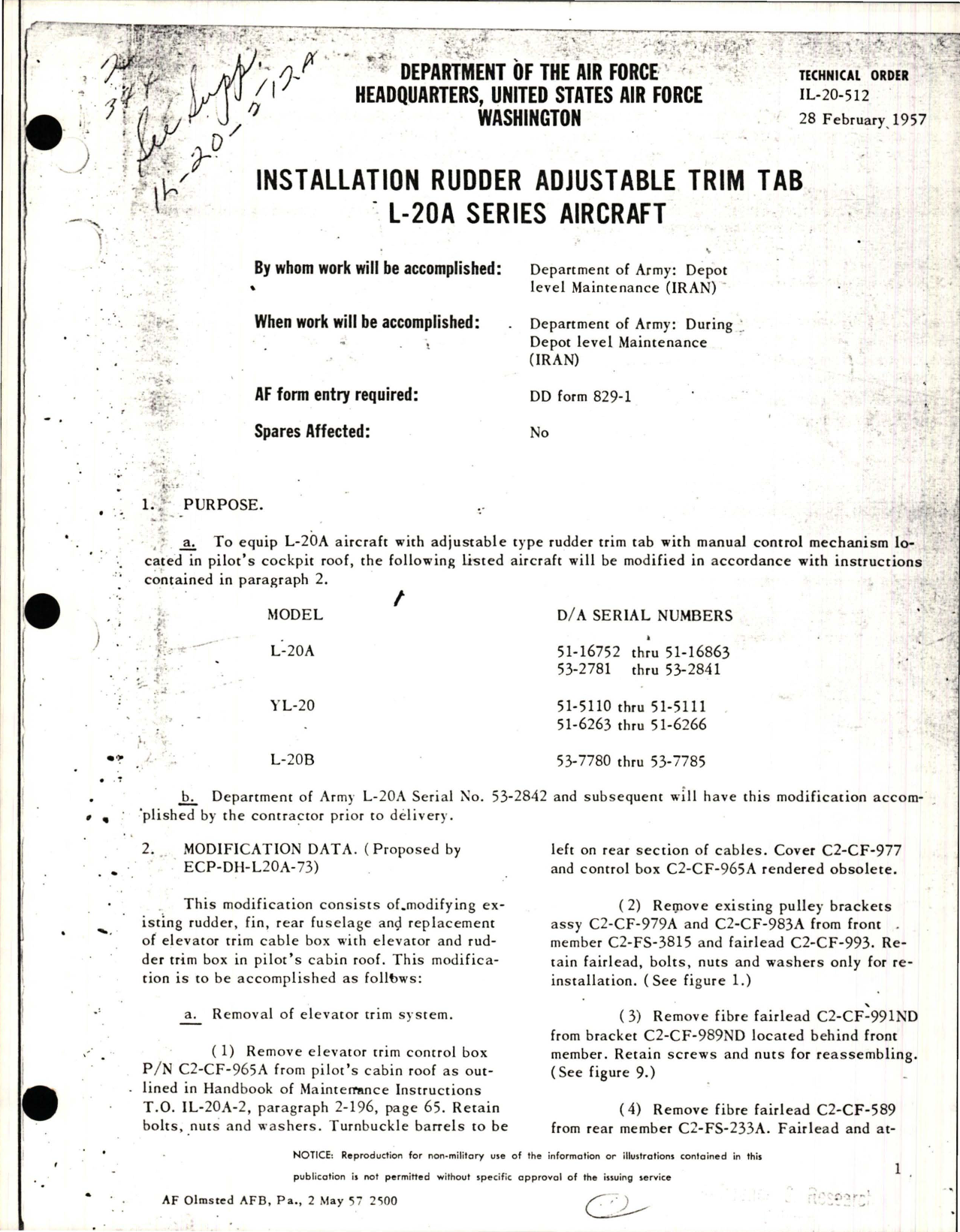 Sample page 1 from AirCorps Library document: Installation of Rudder Adjustable Trim Tab for L-20A