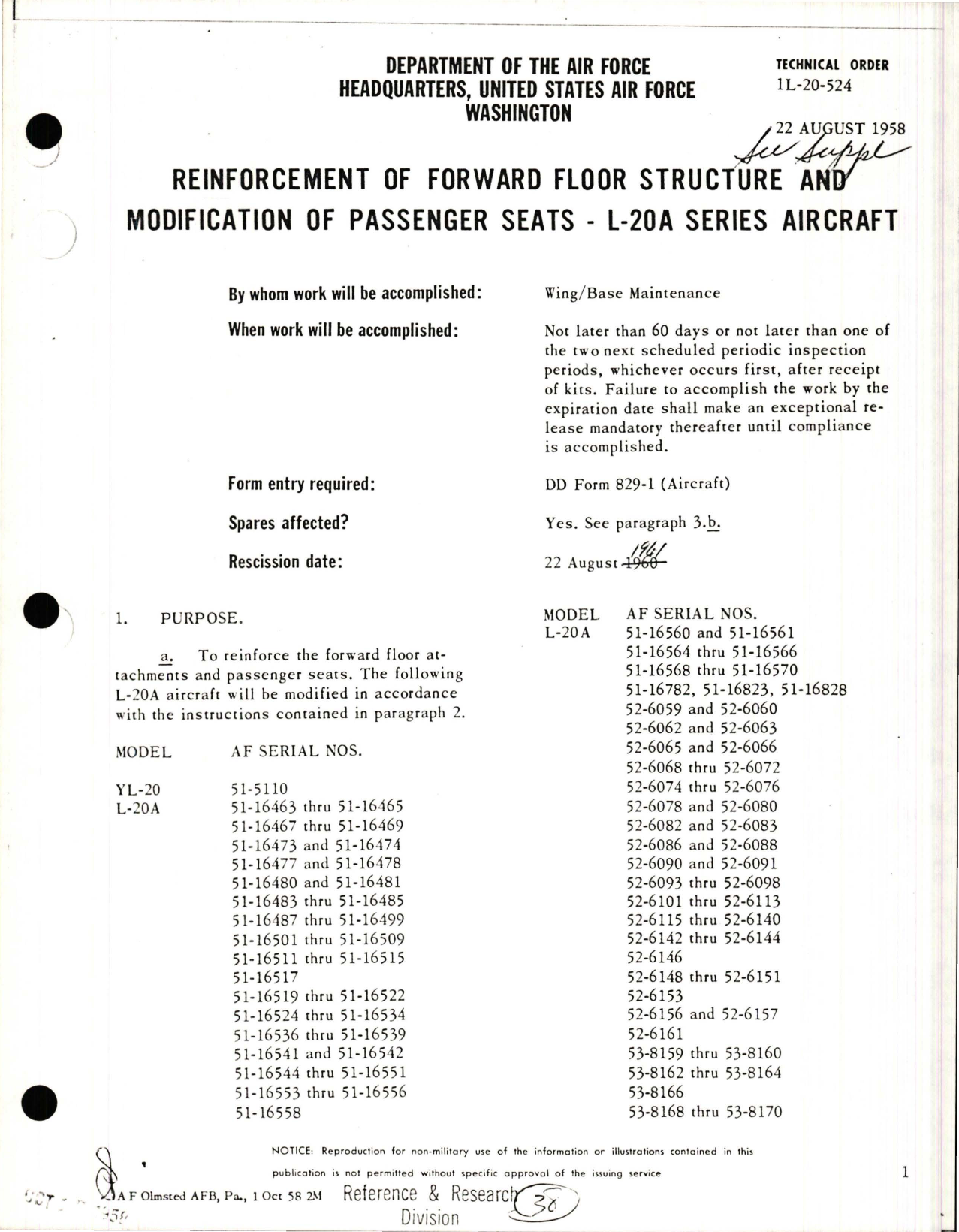 Sample page 1 from AirCorps Library document: Reinforcement of Forward Floor Structure, Modification of Passenger Seats for L-20A