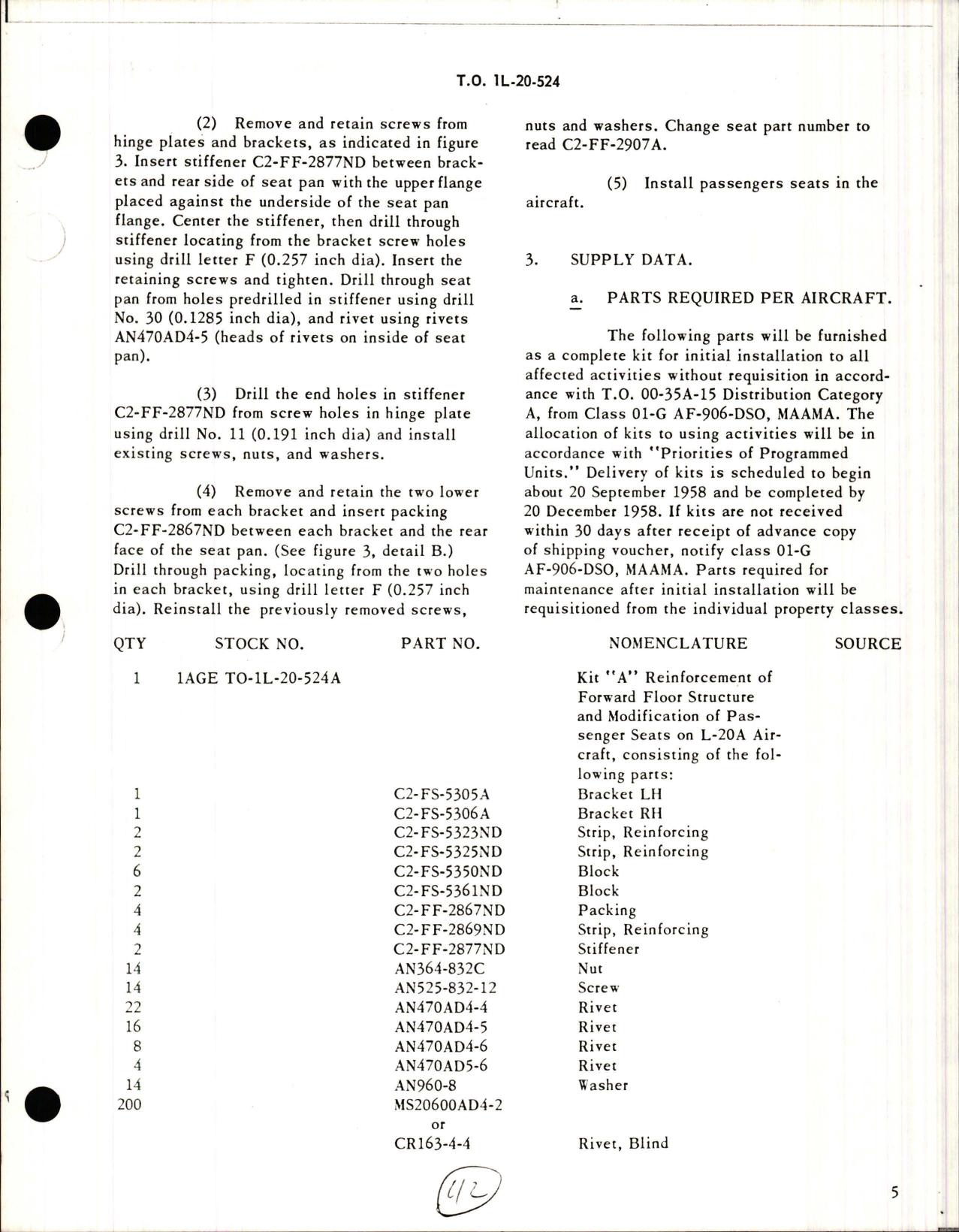 Sample page 5 from AirCorps Library document: Reinforcement of Forward Floor Structure, Modification of Passenger Seats for L-20A