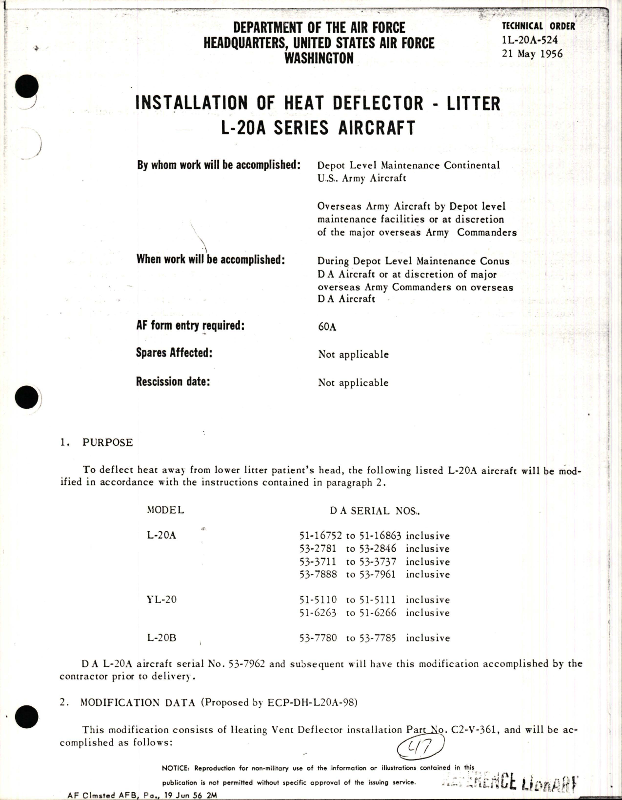 Sample page 1 from AirCorps Library document: Installation of Heat Deflector - Litter for L-20A