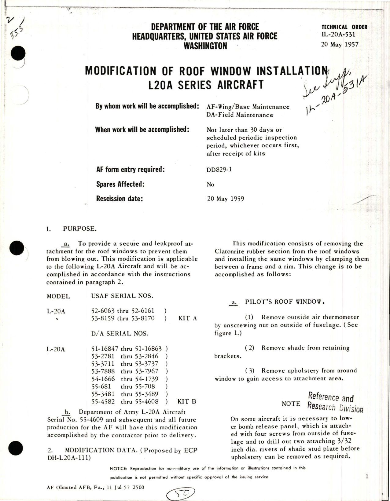 Sample page 1 from AirCorps Library document: Modification of Roof Window Installation for L-20A