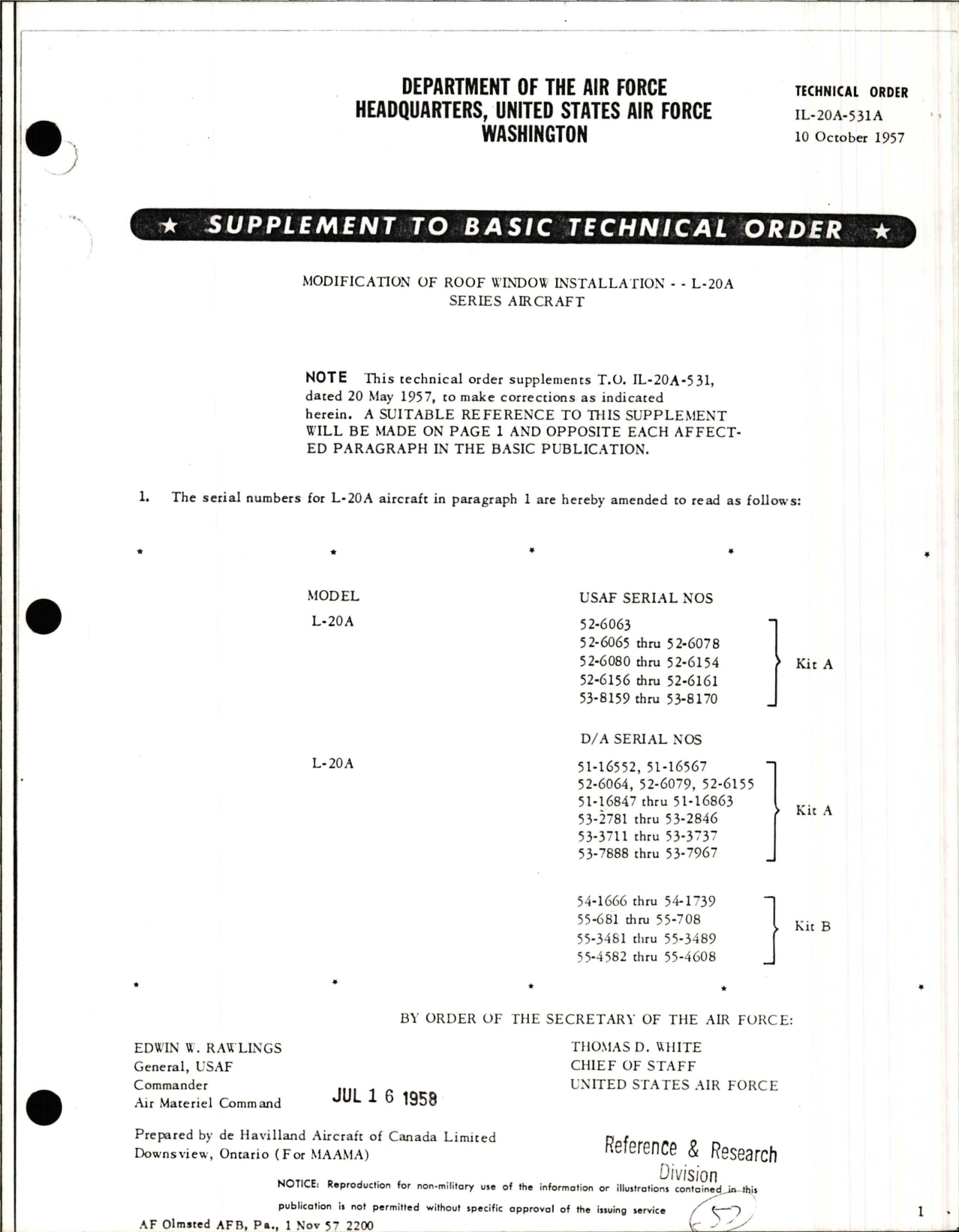 Sample page 1 from AirCorps Library document: Modification of Roof Window Installation for L-20A