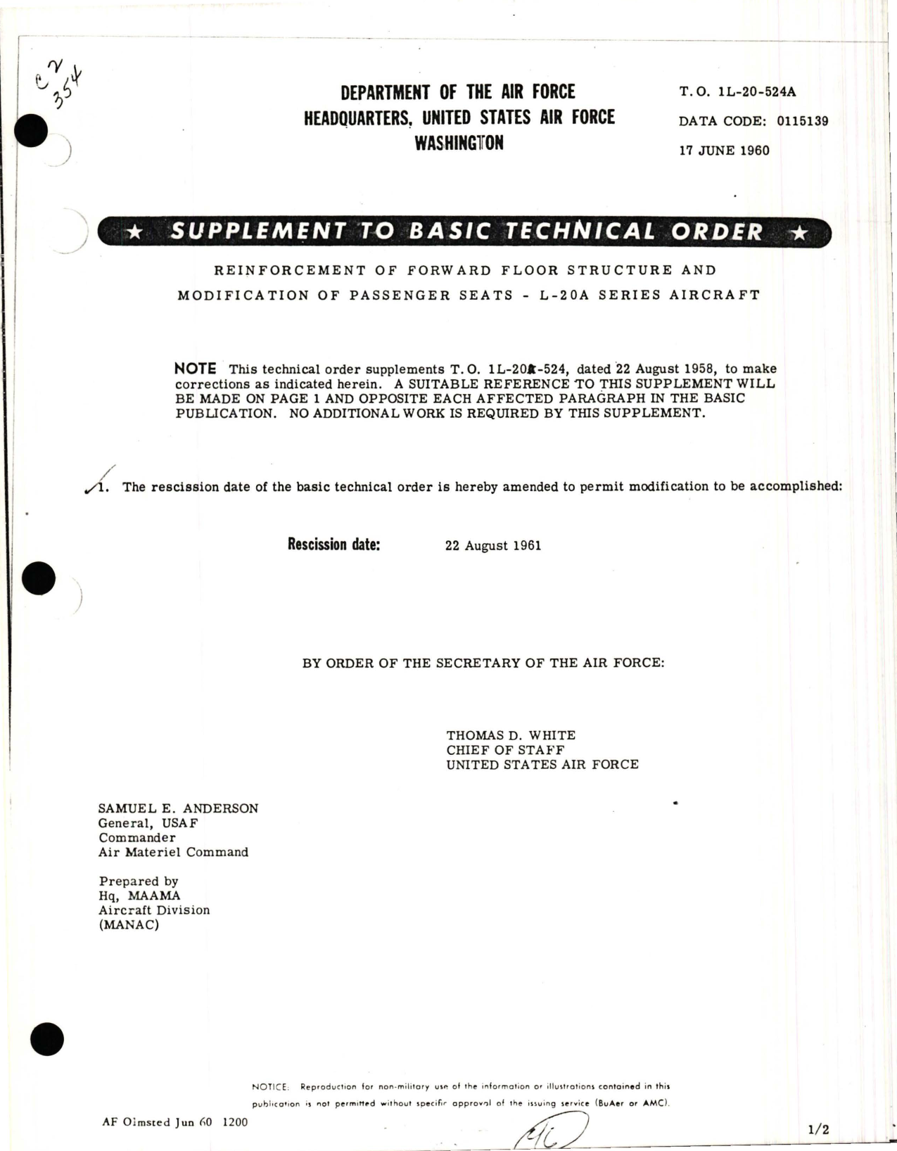 Sample page 1 from AirCorps Library document: Reinforcement of Forward Floor Structure, Modification of Passenger Seats for L-20A