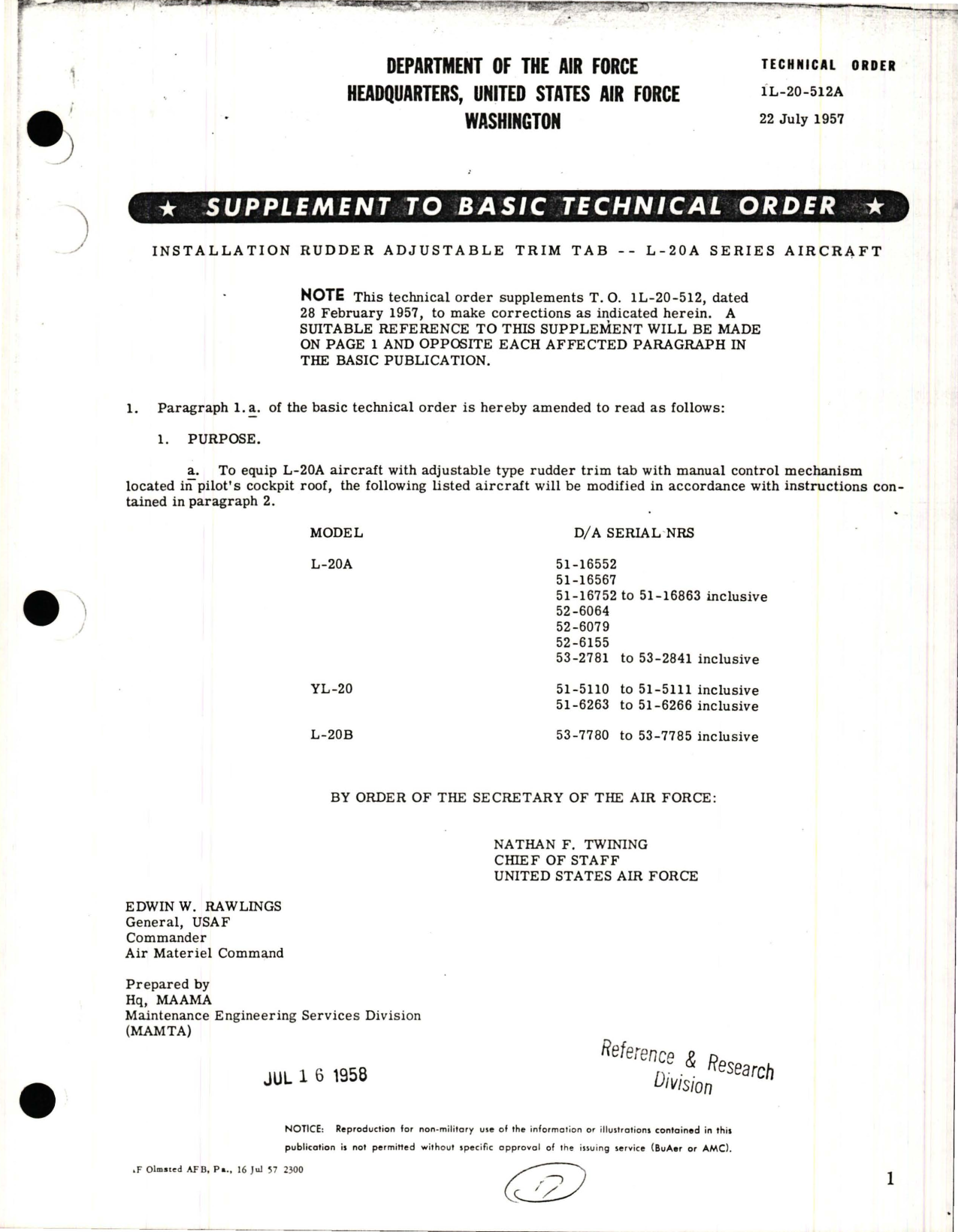 Sample page 1 from AirCorps Library document: Installation of Rudder Adjustable Trim Tab for L-20A