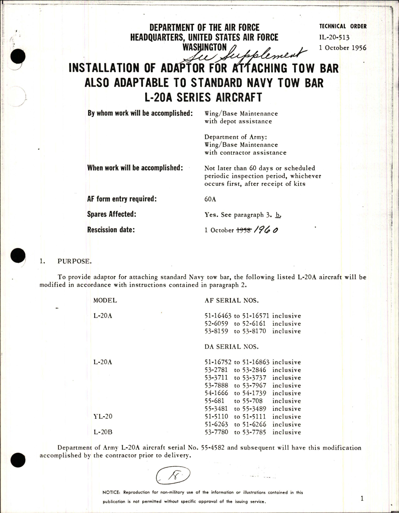 Sample page 1 from AirCorps Library document: Installation of Adaptor for Attaching Tow Bar for L-20A