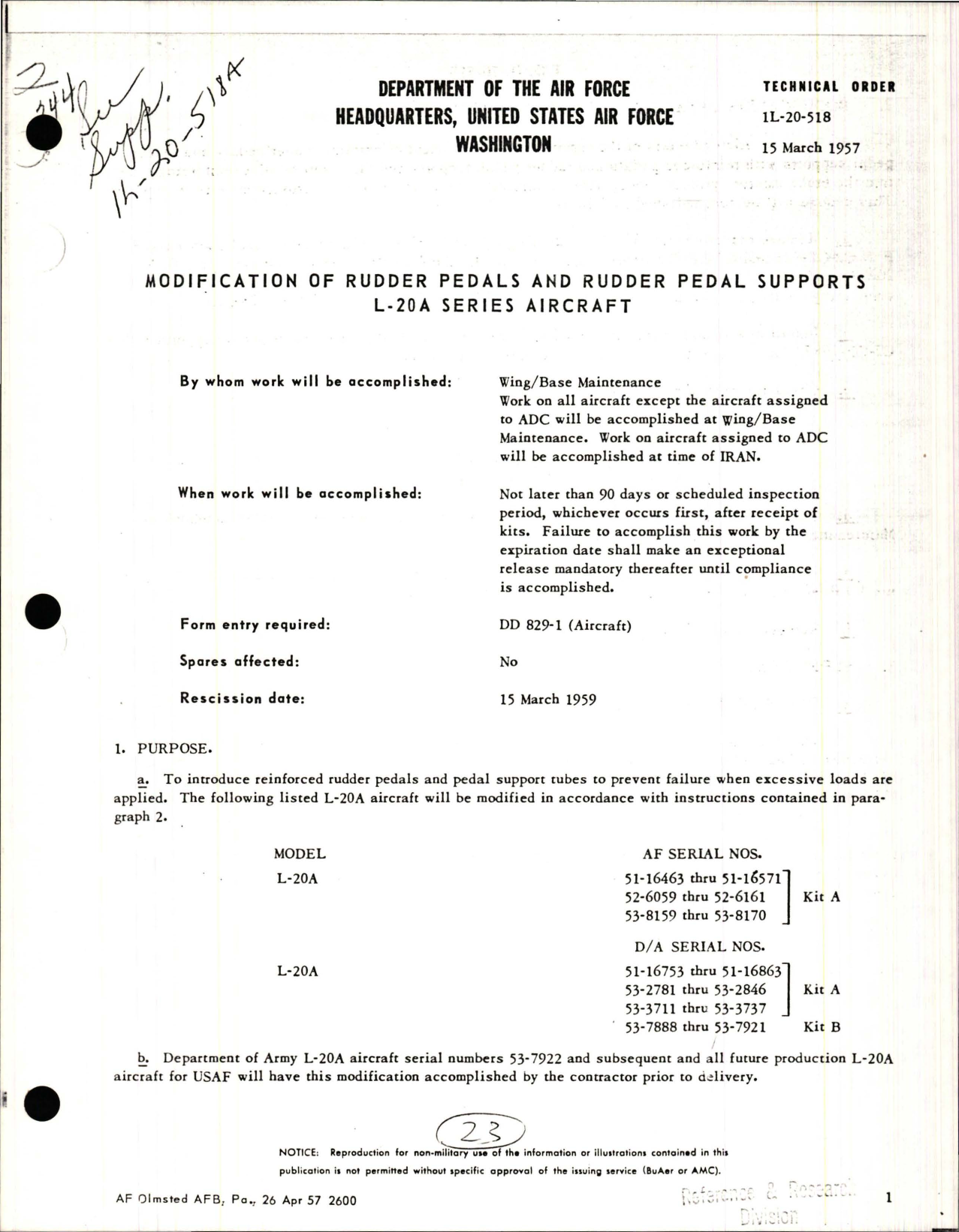 Sample page 1 from AirCorps Library document: Modification of Rudder Pedals and Supports for L-20A