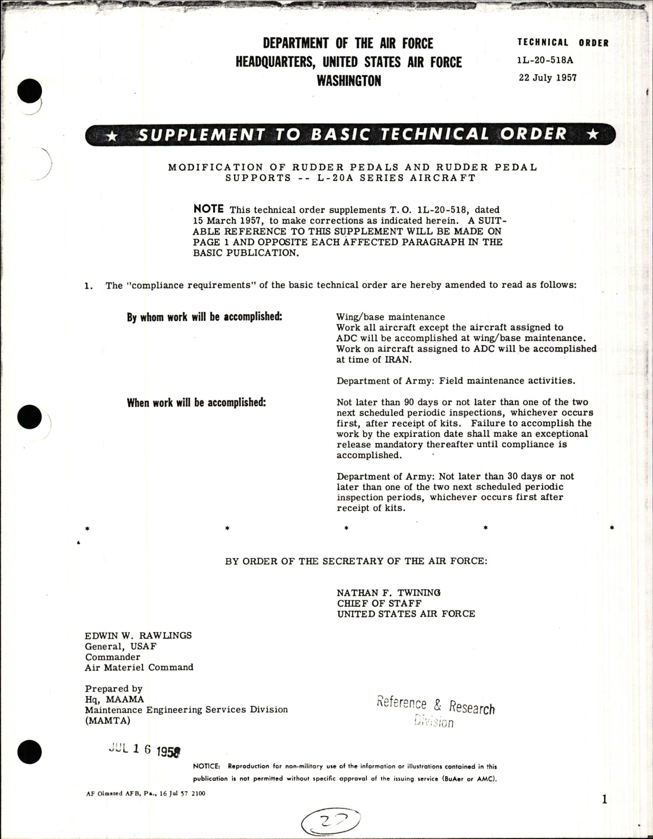 Sample page 1 from AirCorps Library document: Modification of Rudder Pedals and Supports for L-20A