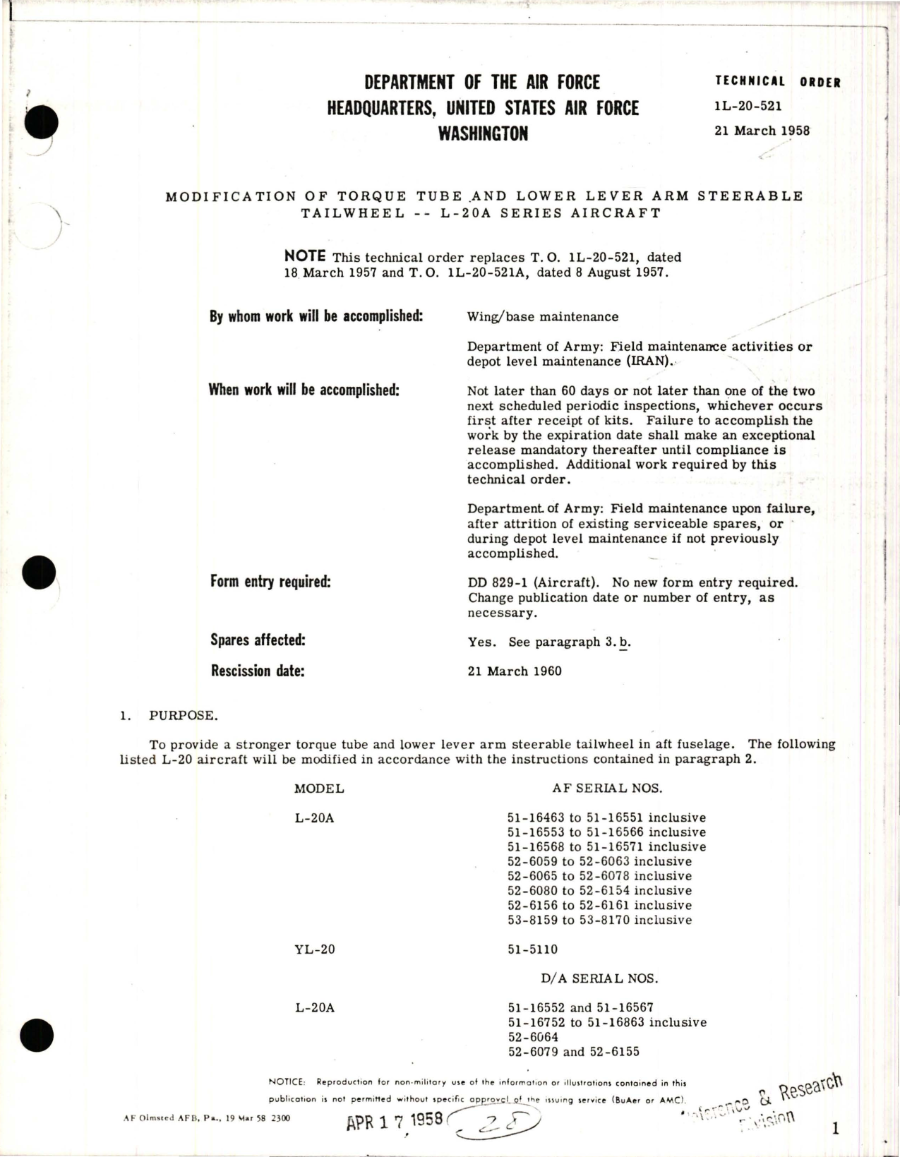 Sample page 1 from AirCorps Library document: Modification of Torque Tube, Lower Lever Arm Steerable Tailwheel for L-20A