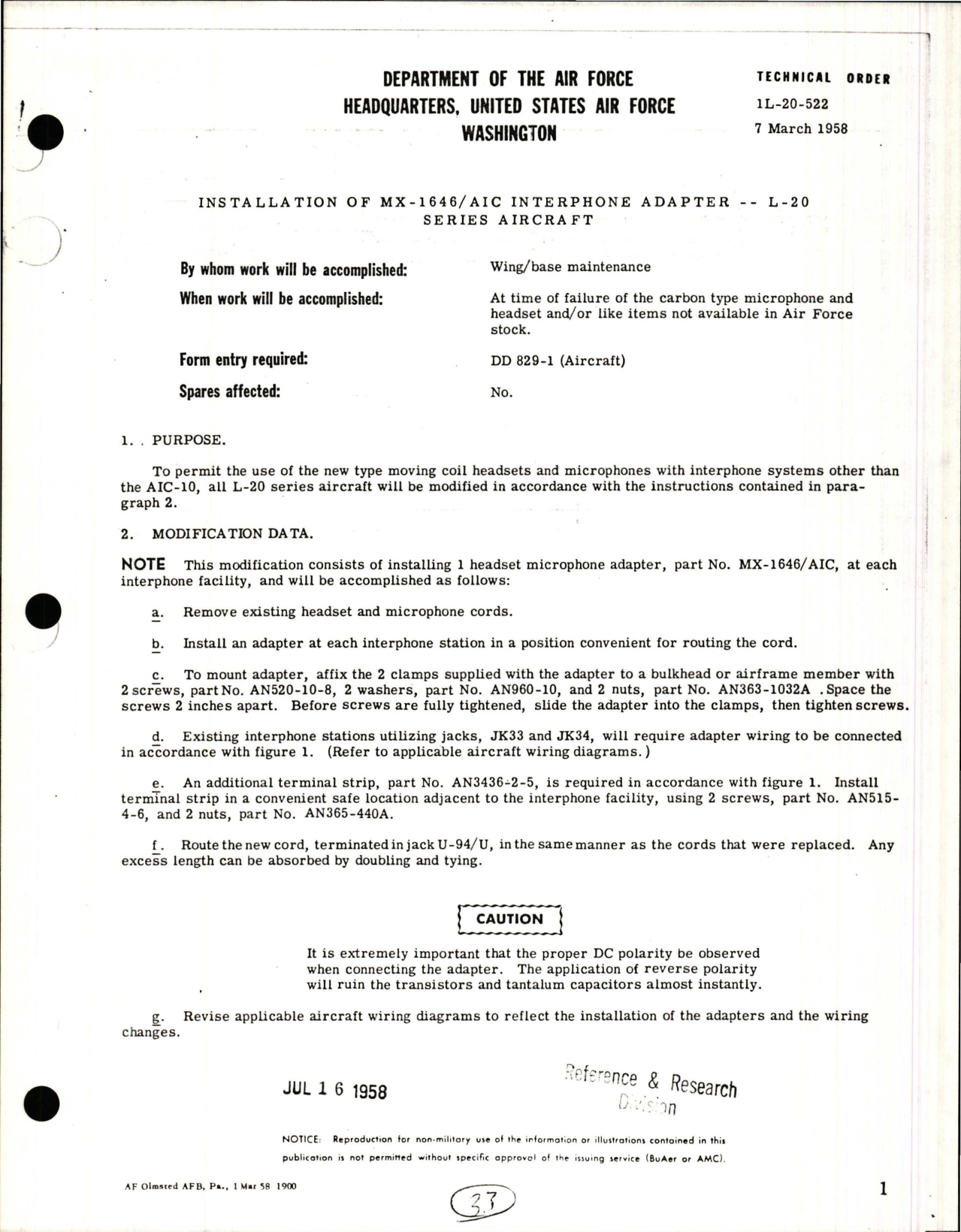 Sample page 1 from AirCorps Library document: Installation of MX-1646, AIC Interphone Adapter for all L-20