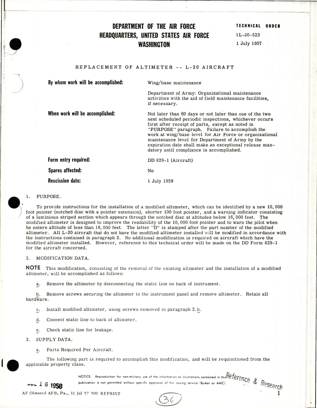 Sample page 1 from AirCorps Library document: Replacement of Altimeter for L-20A