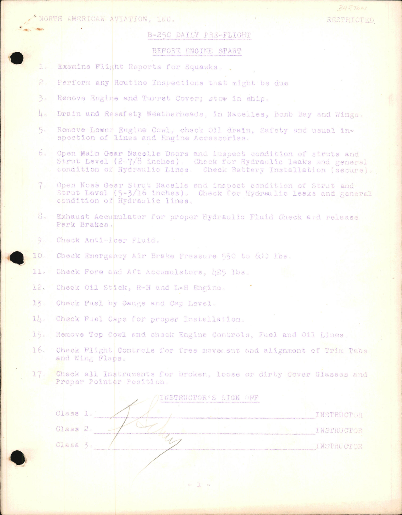 Sample page 1 from AirCorps Library document: Daily Pre Flight Checklist for B-25C