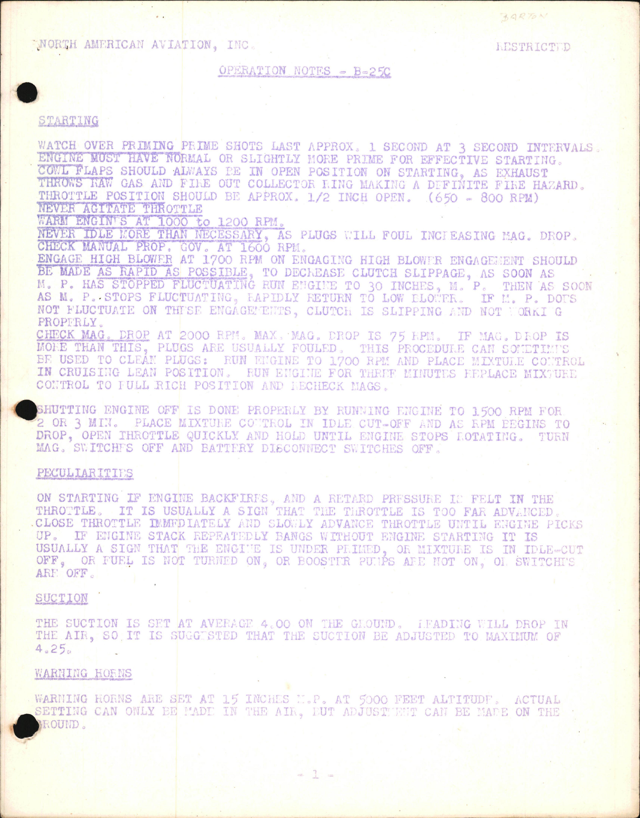 Sample page 1 from AirCorps Library document: General Operation Notes for B-25C