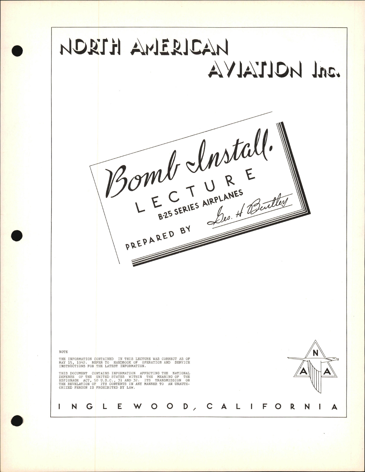 Sample page 1 from AirCorps Library document: Service School Lectures - Bomb Install