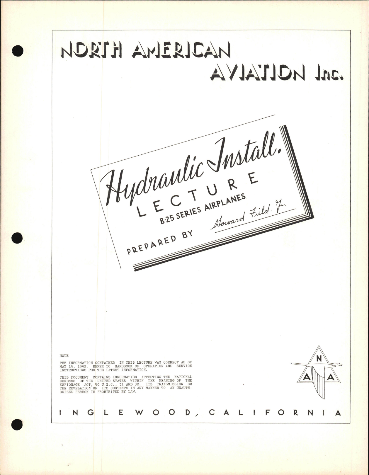 Sample page 1 from AirCorps Library document: Service School Lectures - Hydraulic Install