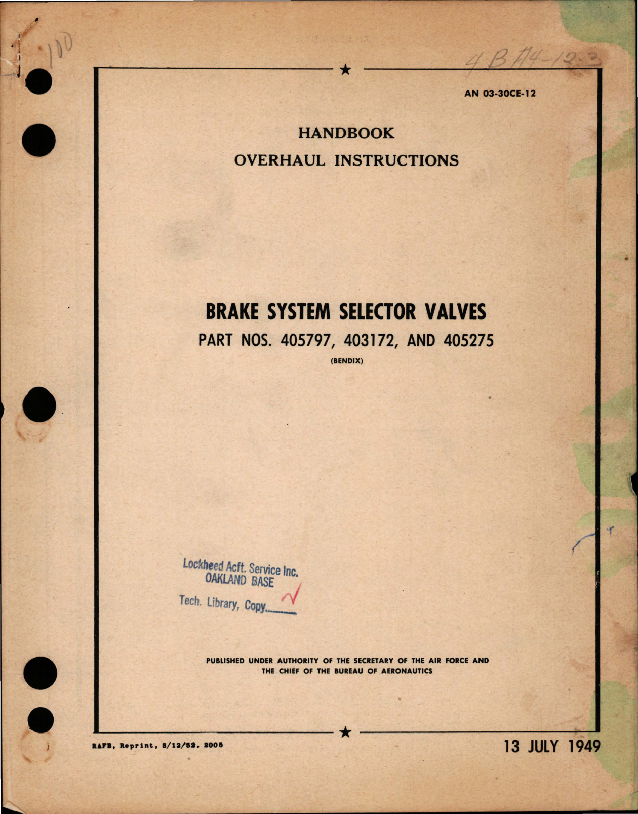 Sample page 1 from AirCorps Library document: Overhaul Instructions for Brake System Selector Valves - Parts 405797, 403172, and 425275
