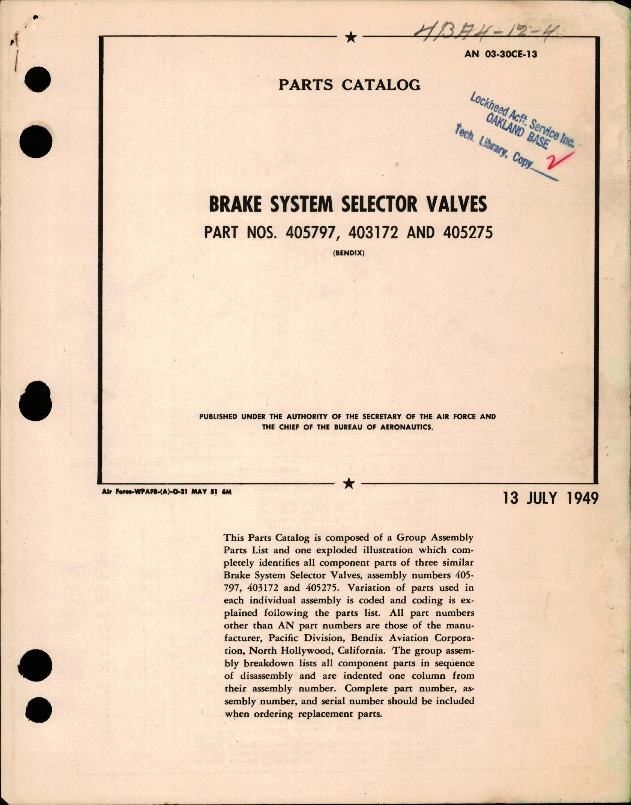 Sample page 1 from AirCorps Library document: Parts Catalog for Brake Selector Valves - Parts 405797, 403172, and 405275 