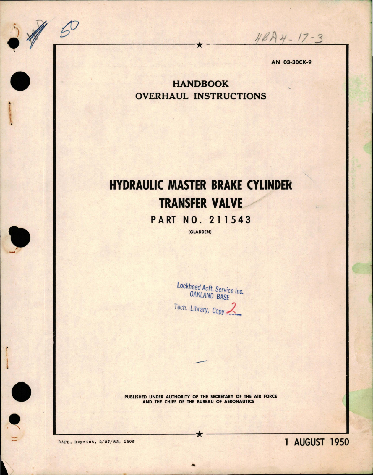 Sample page 1 from AirCorps Library document: Overhaul Instructions for Hydraulic Master Brake Cylinder Transfer Valve - Part 211543
