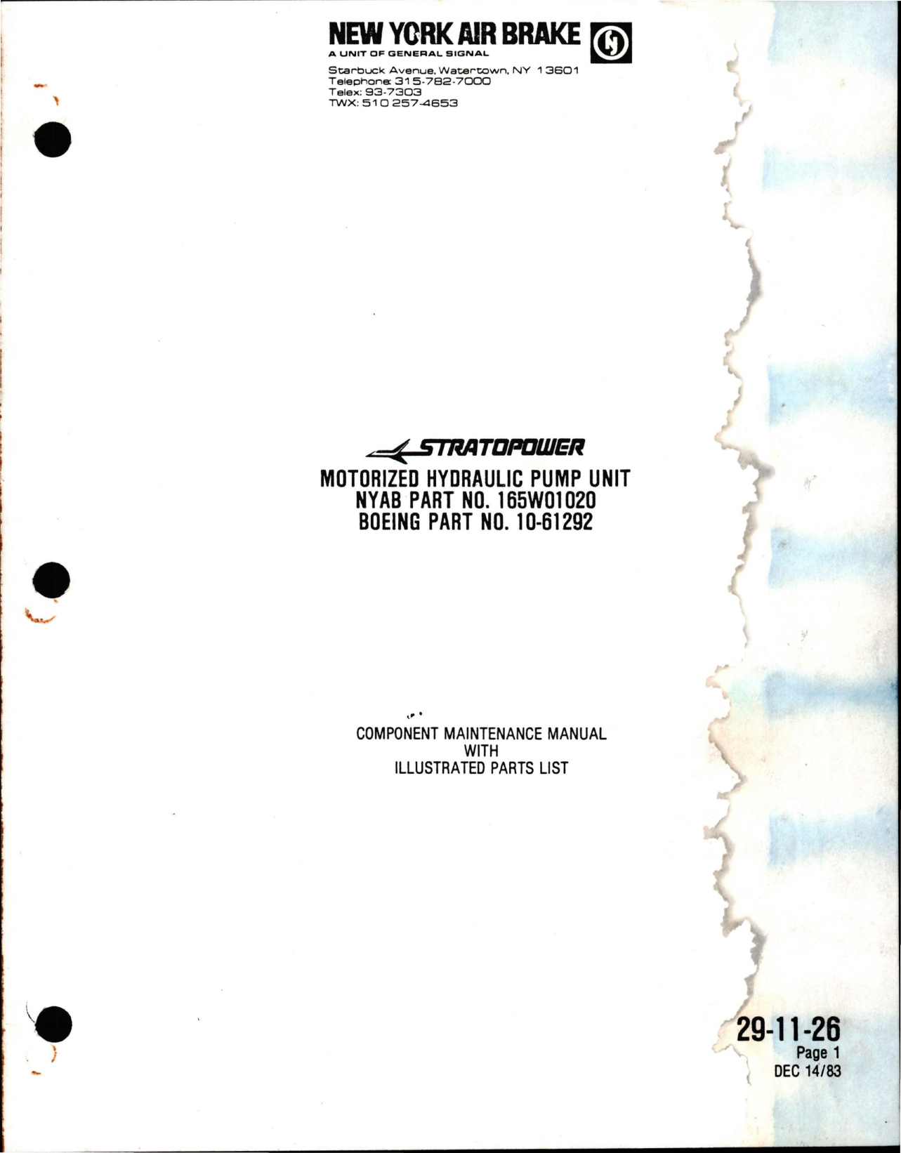 Sample page 1 from AirCorps Library document: Maintenance Manual with Illustrated Parts List for Motorized Hydraulic Pump Unit - NYAB Part 165W01020 - Boeing Part 10-61292