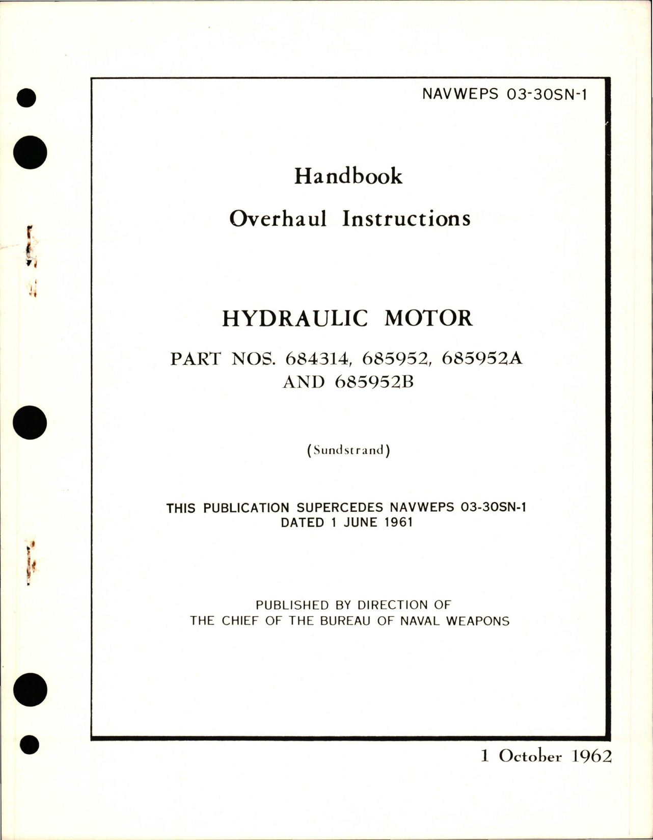 Sample page 1 from AirCorps Library document: Overhaul Instructions for Hydraulic Motor - Parts 684314, 685952, 685952A, and 685952B