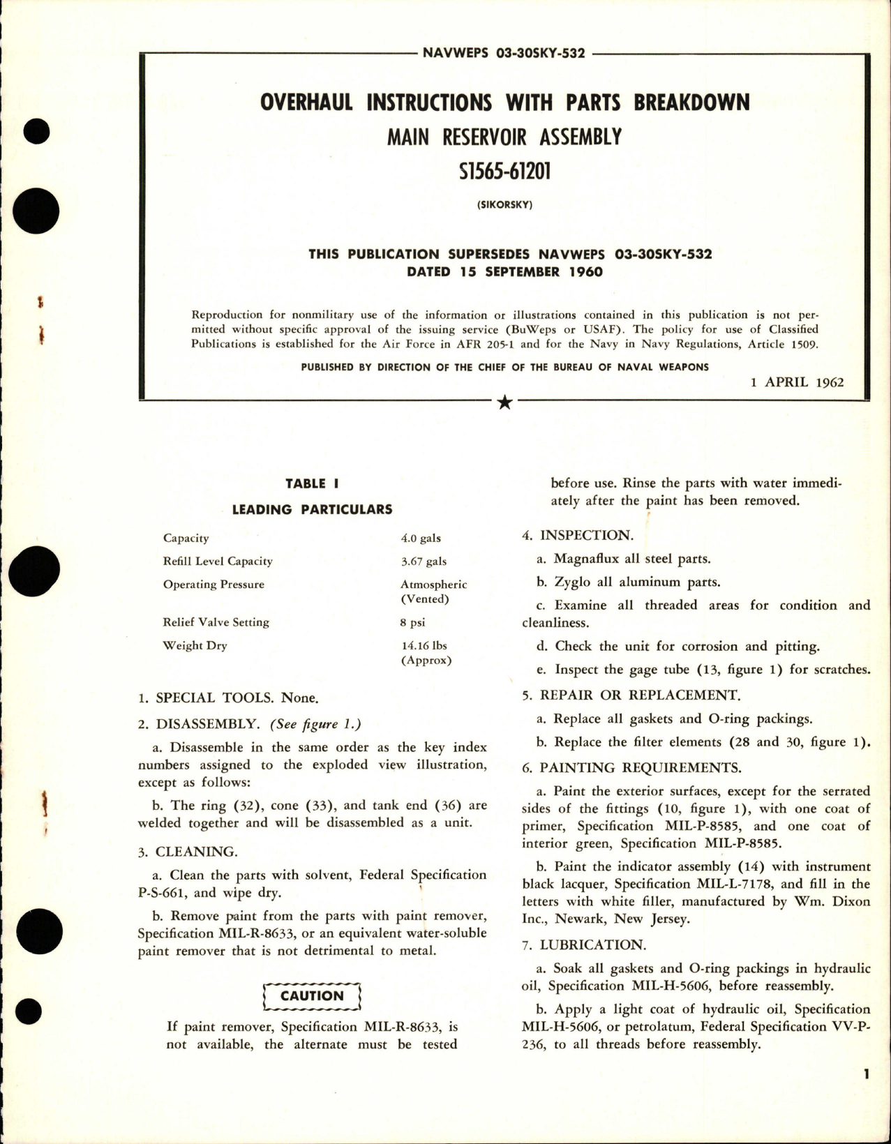 Sample page 1 from AirCorps Library document: Overhaul Instructions with Parts Breakdown for Main Reservoir Assembly - S1565-61201