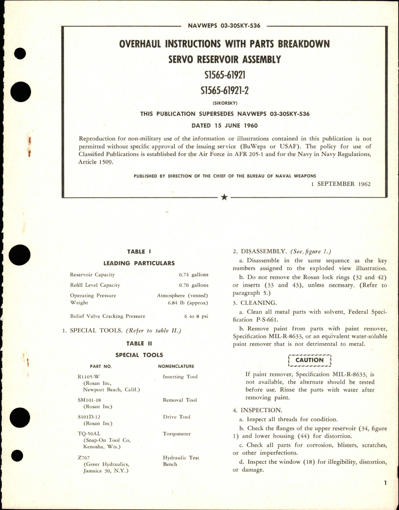 Sample page 1 from AirCorps Library document: Overhaul Instructions for Servo Reservoir Assembly - Parts S1565-61921 and S1565-61921-2