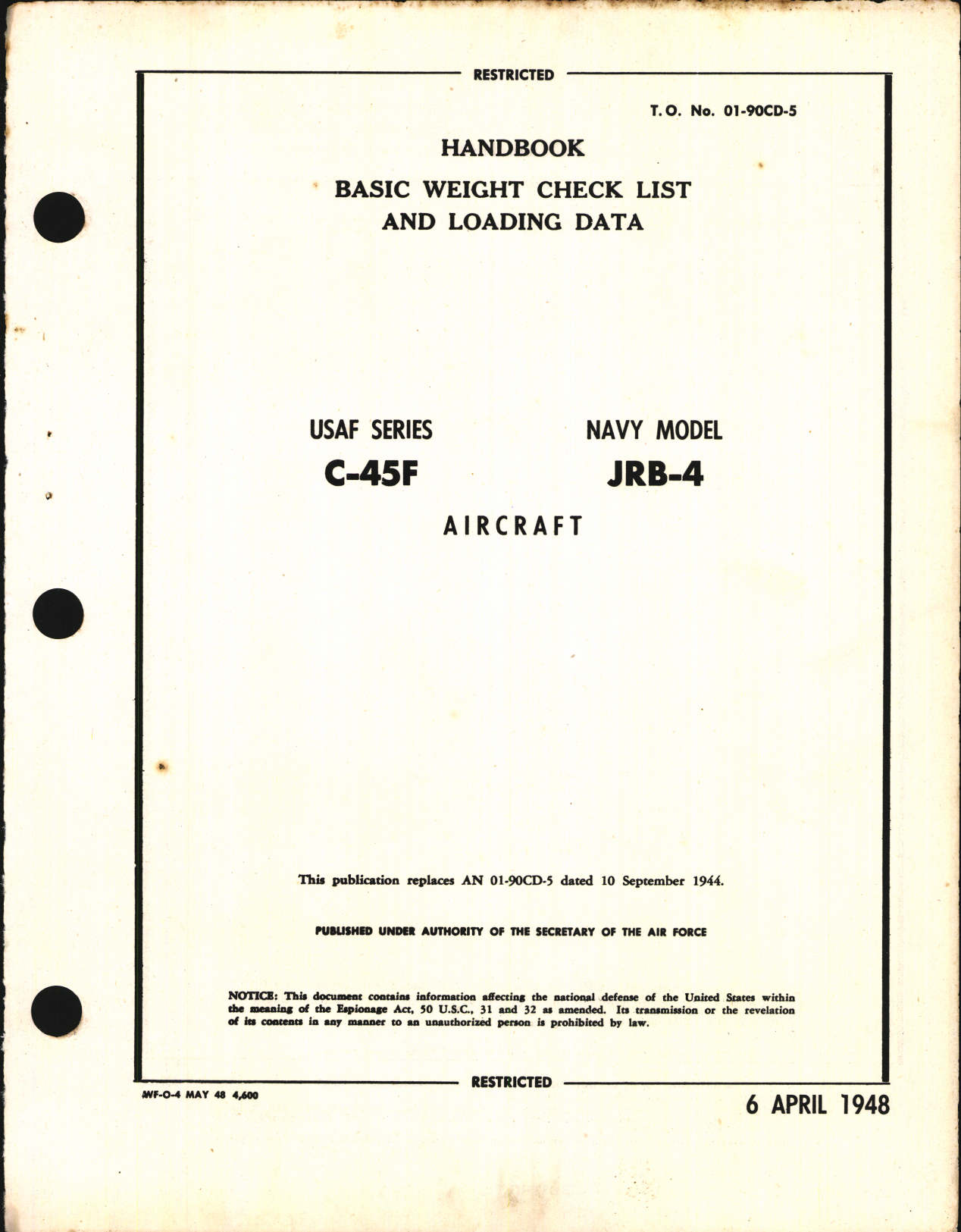 Sample page 1 from AirCorps Library document: Basic Weight Check List and Loading Data for C-45F and JRB-4