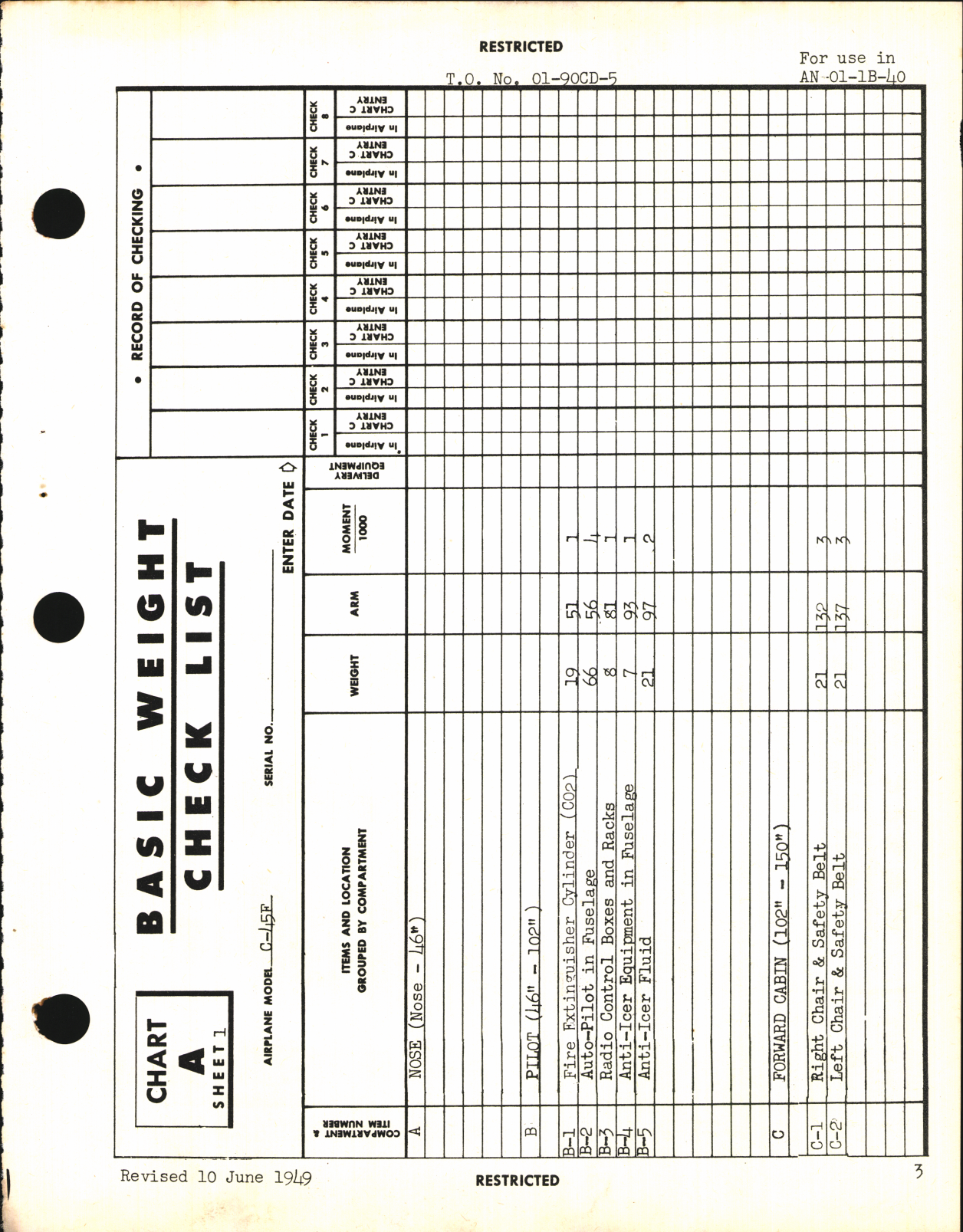 Sample page 5 from AirCorps Library document: Basic Weight Check List and Loading Data for C-45F