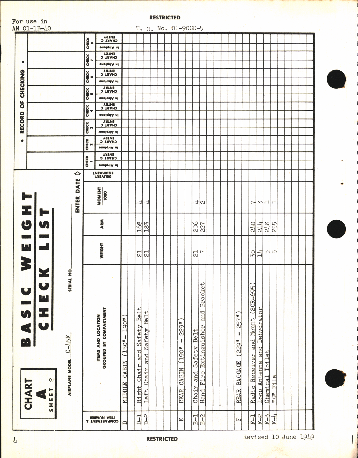 Sample page 6 from AirCorps Library document: Basic Weight Check List and Loading Data for C-45F