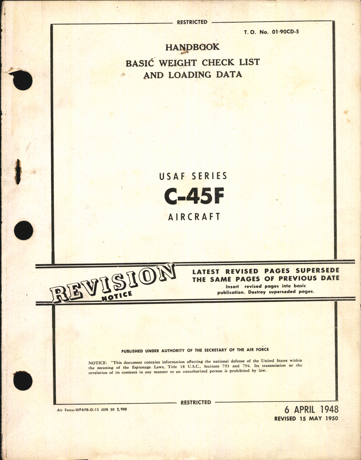 Sample page 1 from AirCorps Library document: Basic Weight Check List and Loading Data for C-45F