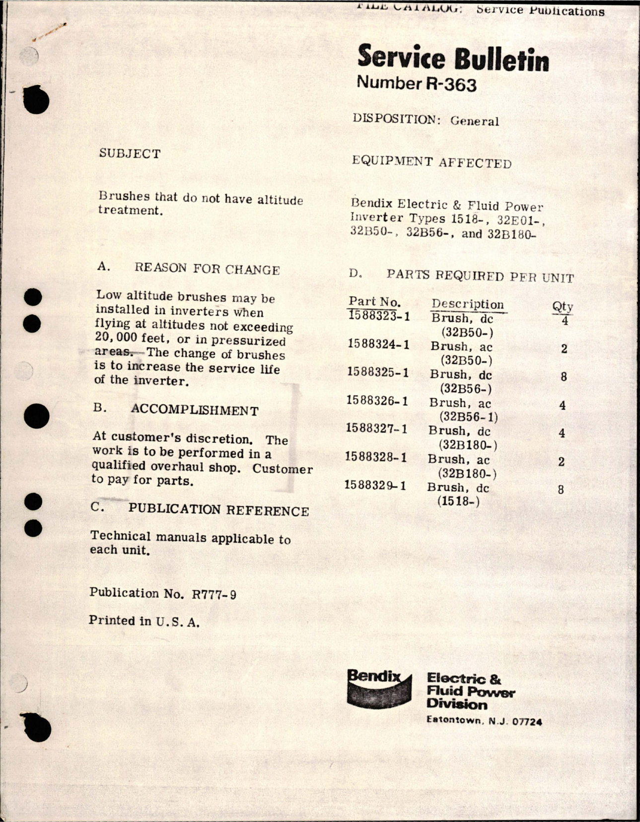 Sample page 1 from AirCorps Library document: Brushes that do not have Altitude Treatment - Types 1518-, 32E01-, 32B50-, 32B56-, and 32B108-