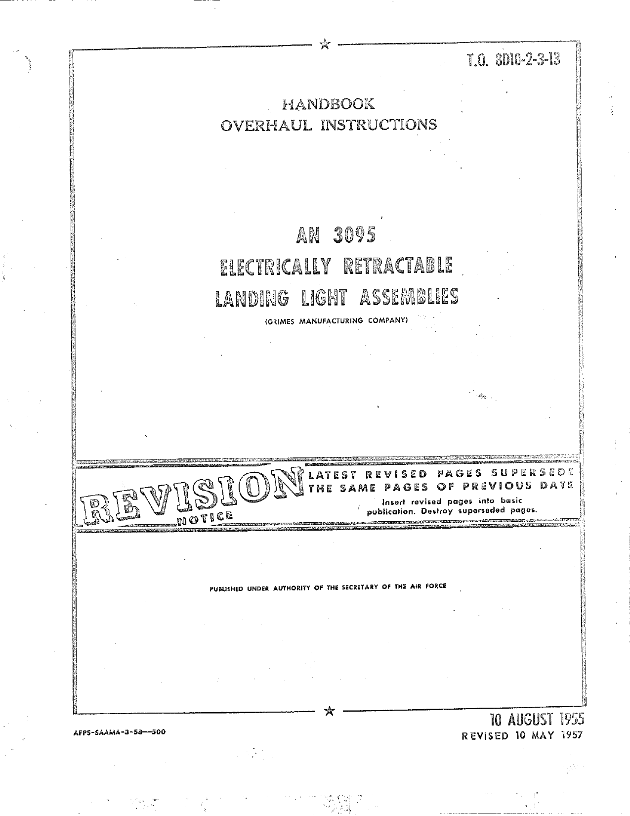 Sample page 1 from AirCorps Library document: Overhaul Instructions for Electrically Retractable Landing Light Assembly - AN 3095