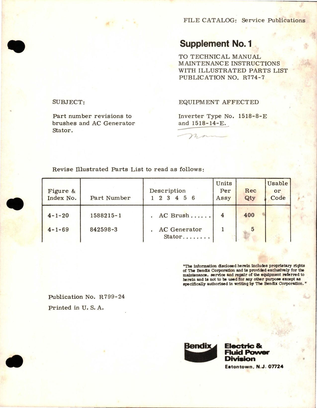 Sample page 1 from AirCorps Library document: Supplement No 1 to Maintenance Instructions with Illustrated Parts List for Inverter - 1518-8-E and 1518-14-E