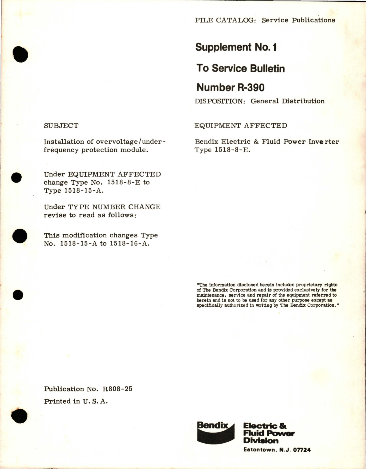 Sample page 1 from AirCorps Library document: Supplement No. 1 to Service Bulletin No. R-390 for Installation of Overvoltage/Under-frequency Protection Module - Type 1518-8-E