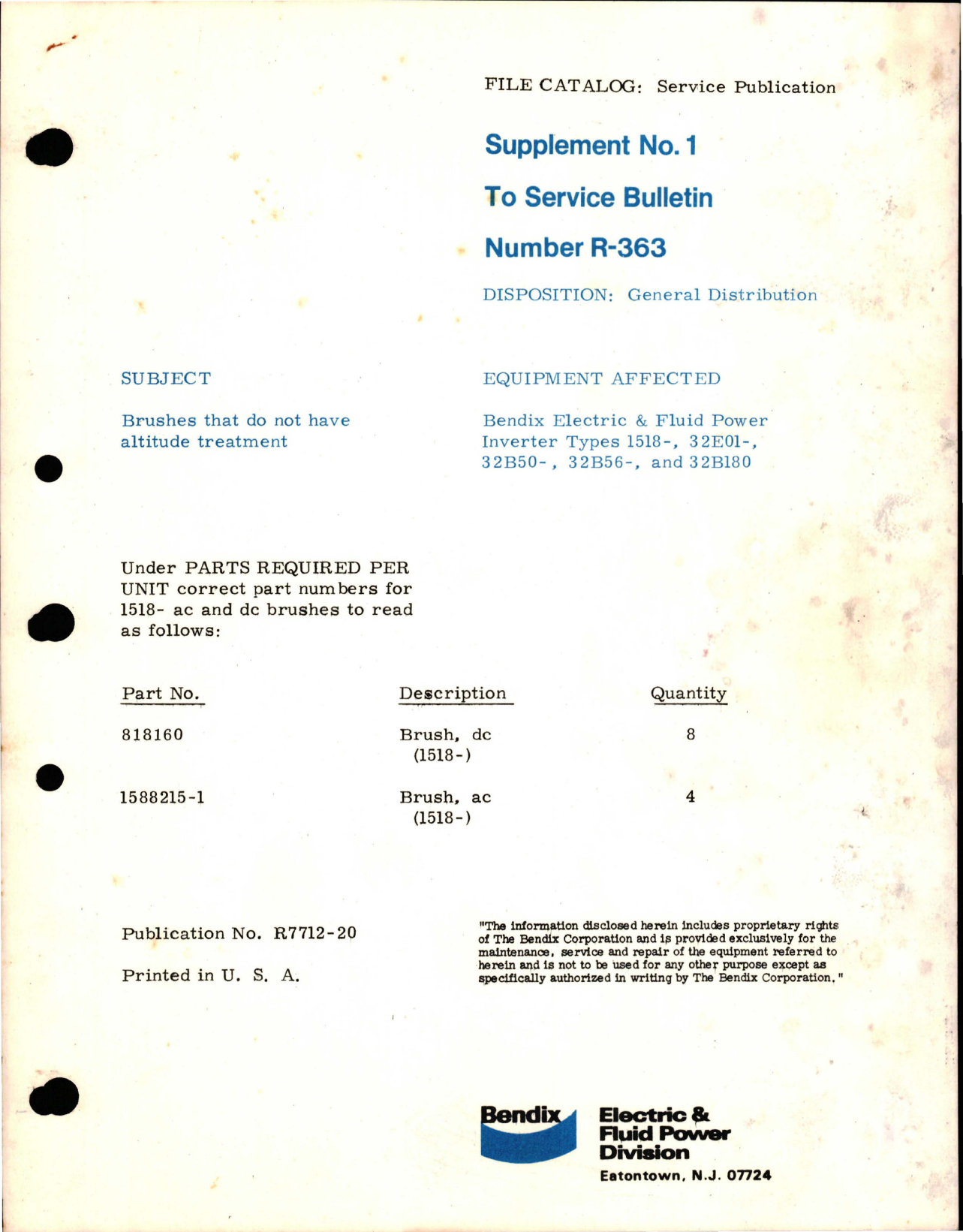 Sample page 1 from AirCorps Library document: Supplement No. 1 to Service Bulletin No. R-363, Brushes that do not have Altitude Treatment - Types 1518-, 32E01-, 32B50-, 32B56-, 32B108- 