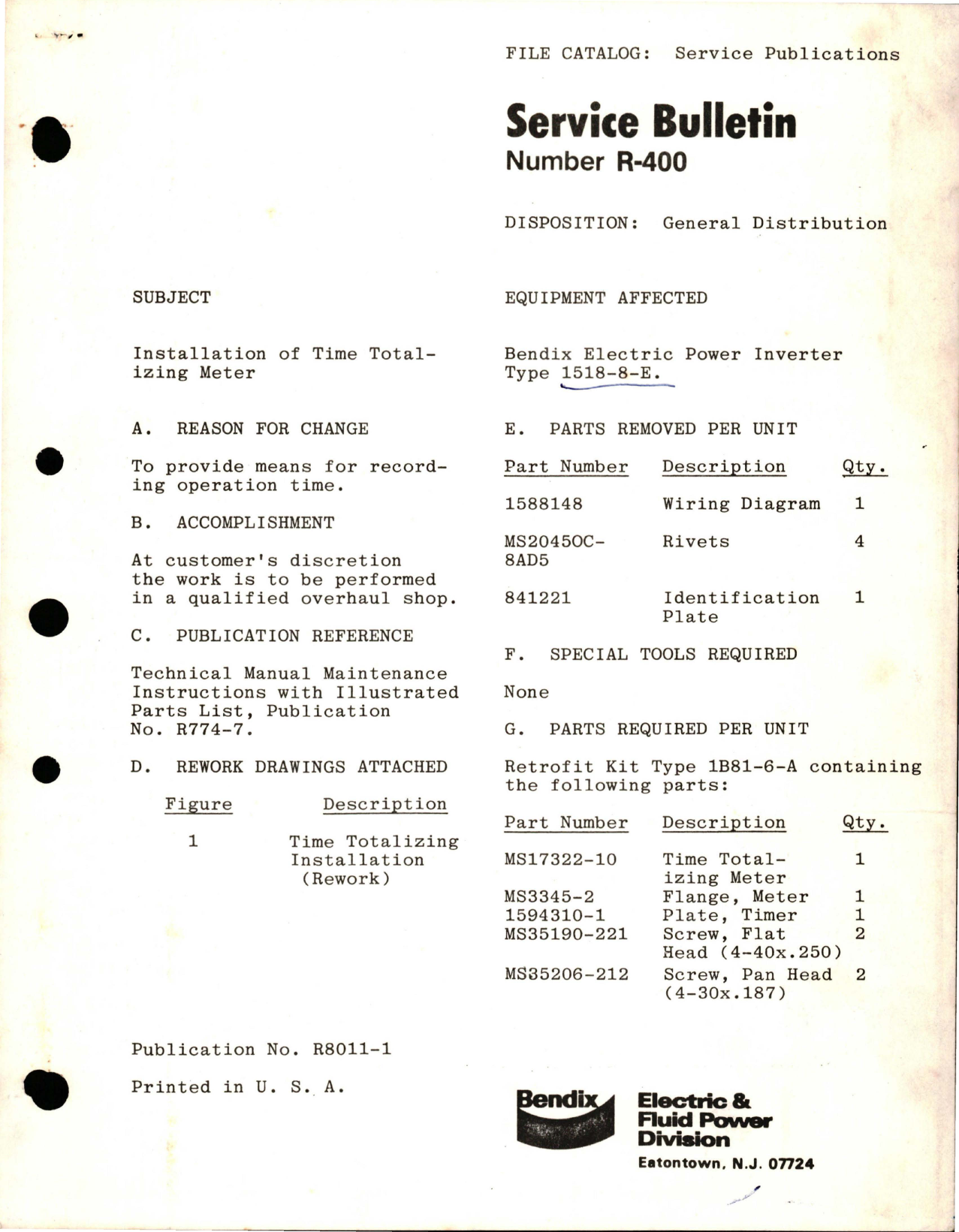 Sample page 1 from AirCorps Library document: Service Bulletin No, R-400, Installation of Time Totalizing Meter - Type 1518-8-E