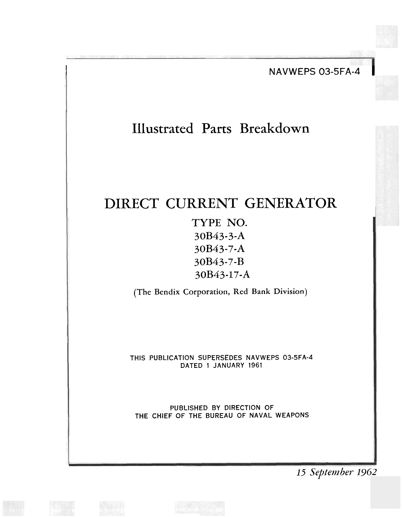 Sample page 1 from AirCorps Library document: Illustrated Parts Breakdown for Direct Current Generator - Types 30B43-3-A, 30B43-7-A, 30B43-7-B, 30B43-17-A