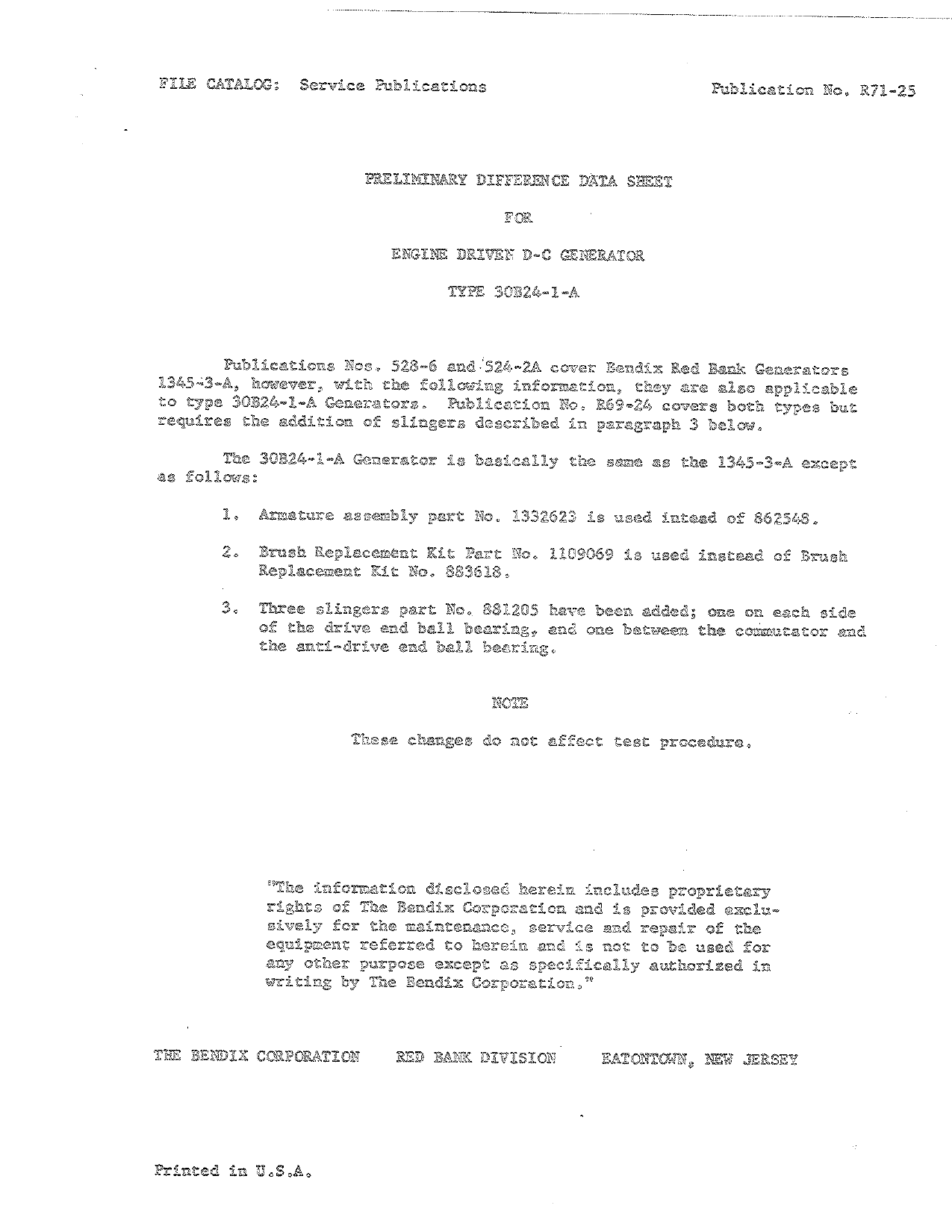 Sample page 1 from AirCorps Library document: Preliminary Difference Data Sheet for Engine Driven D-C Generator - Type 30B24-1-A