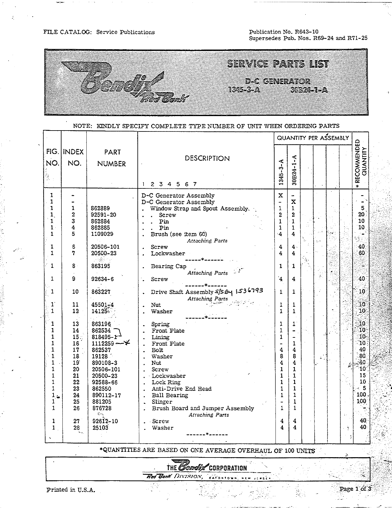 Sample page 1 from AirCorps Library document: Service Parts List for DC Generator - 1345-3-A, 30B24-1-A