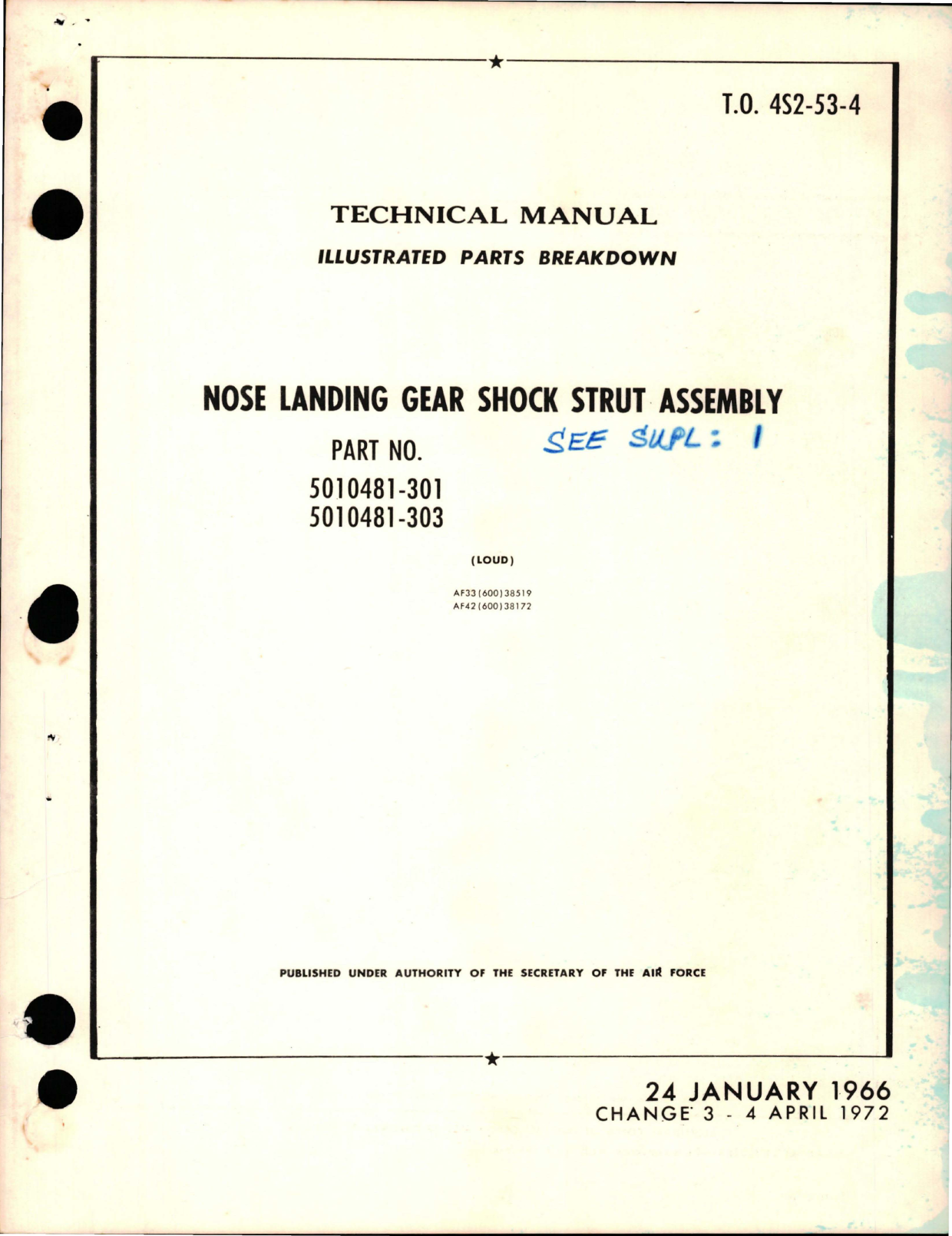 Sample page 1 from AirCorps Library document: Illustrated Parts Breakdown for Nose Landing Gear Shock Strut Assembly - Parts 5010481-301 and 5010481-303 