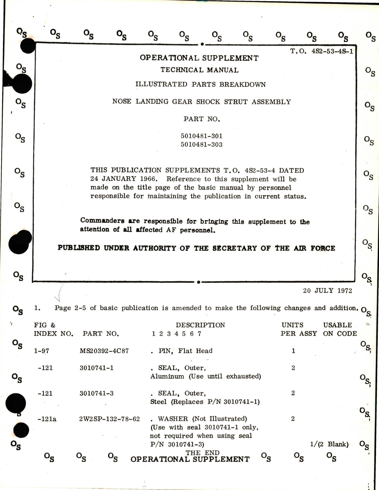 Sample page 1 from AirCorps Library document: Supplement to Illustrated Parts Breakdown for Nose Landing Gear Shock Strut Assembly - Parts 5010481-301 and 5010481-303 